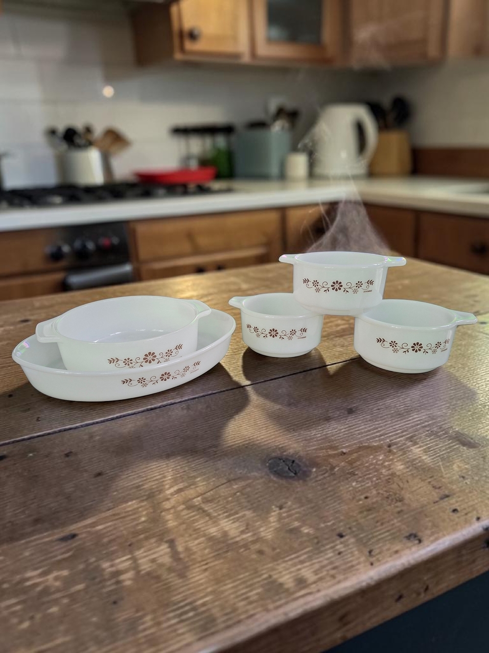 Vintage Thermocrisa Milk Glass Dynaware Set 5 Pieces Brown Floral Casserole Dish